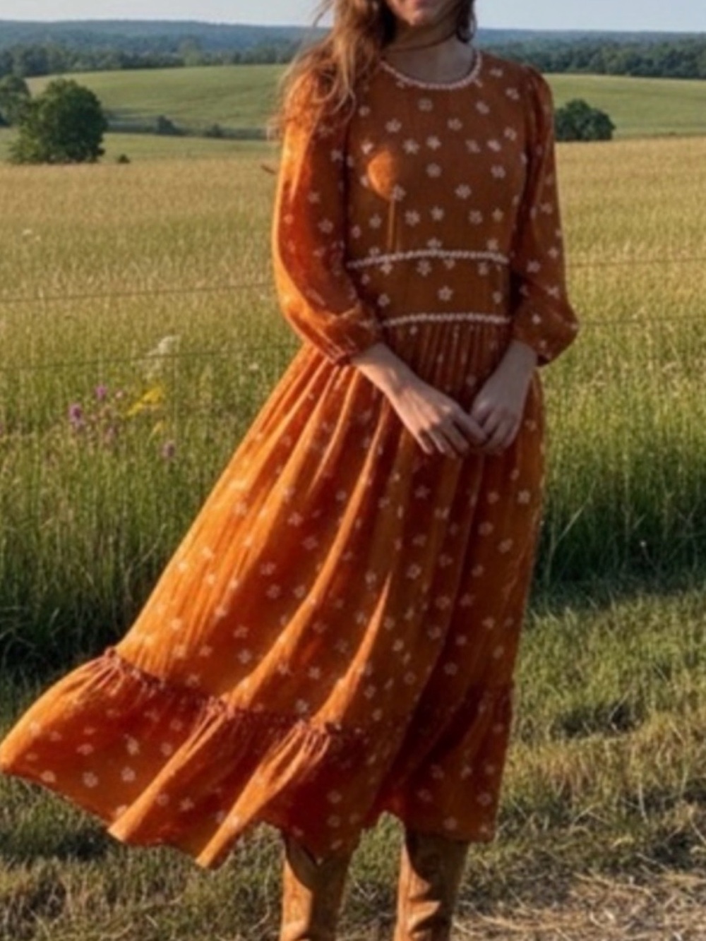 Hampton House Burnt Orange Floral Midi Dress with White Trim size Large